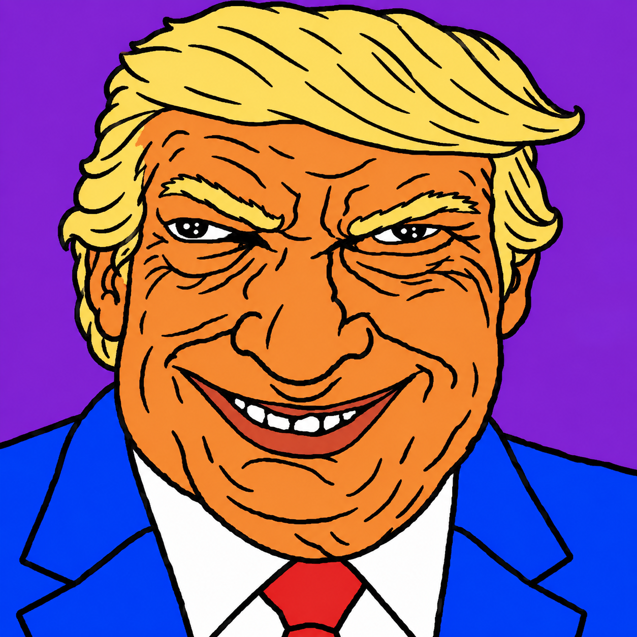 DONALD MAXX character with blond hair, orange face and confident grin
